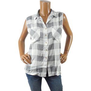 SIM & SAM Top XL New Casual Button Down Plaid Shirt Hi/Low Split Hem Gray/White